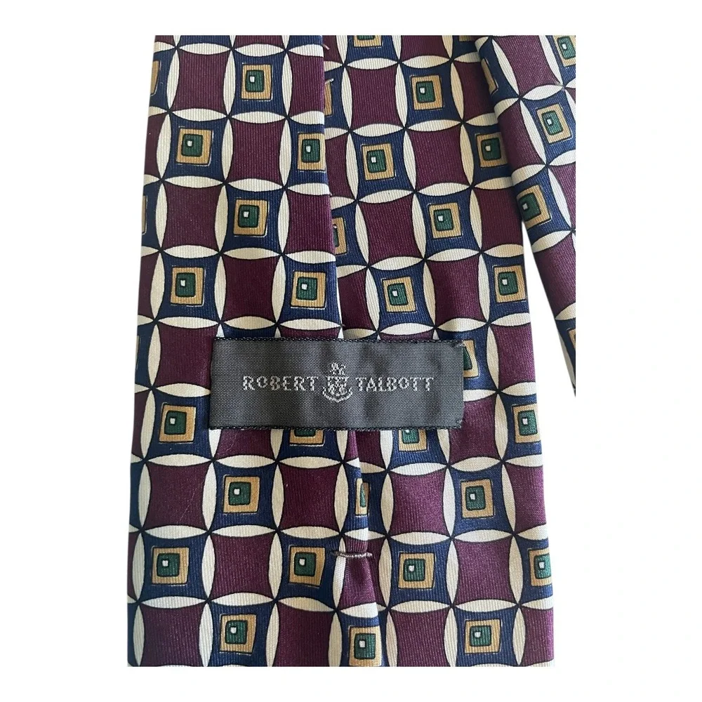 Robert Talbott Silk Tie Purple Green Geometric Wide Hand Sewn in USA Finest Silk